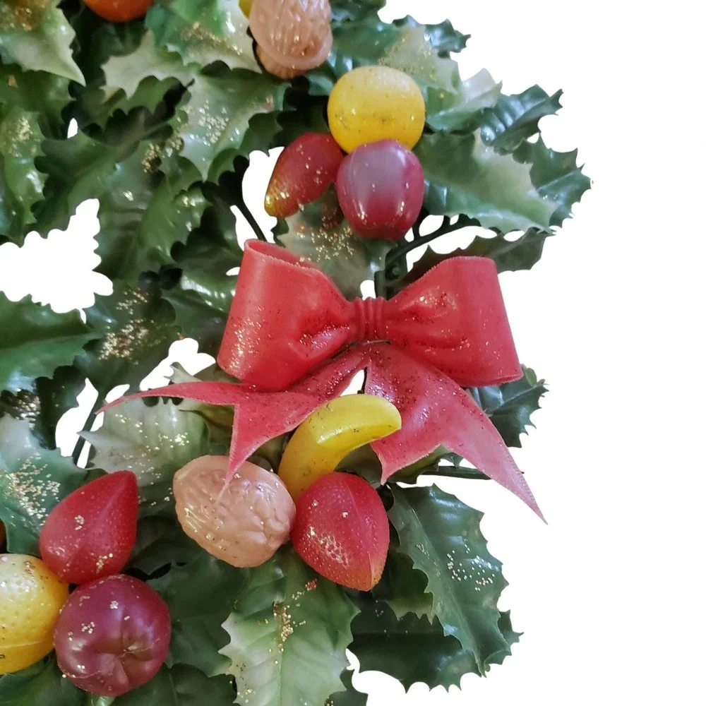 Christmas Wreath Vintage Plastic Fruit Nut Berries Holly Glitter Mid Century MCM